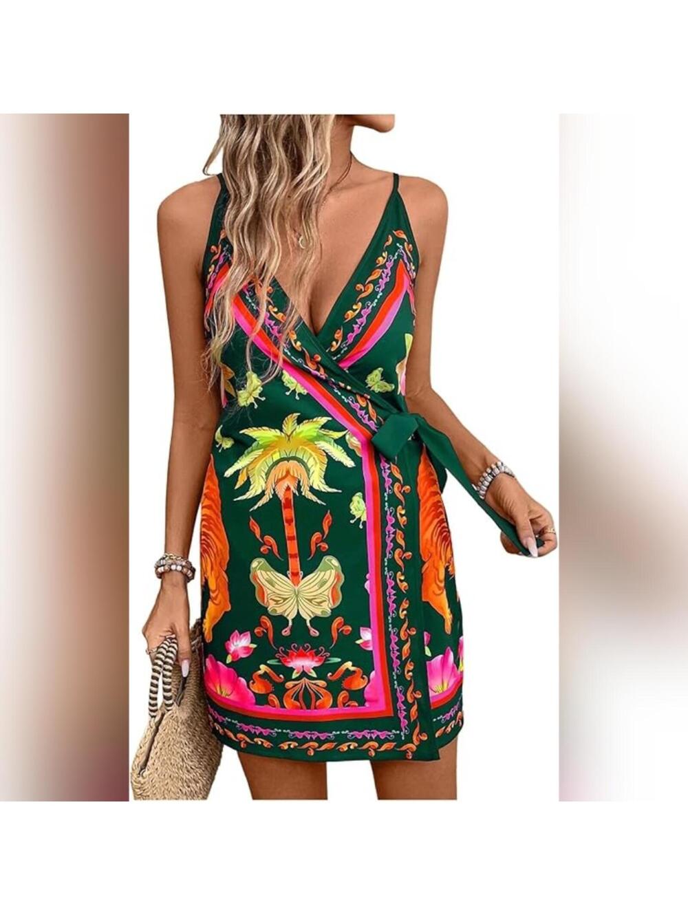 NWT RoseSeek Tropical Print Sleeveless V Neck Cami Wrap Boho Dress, Small